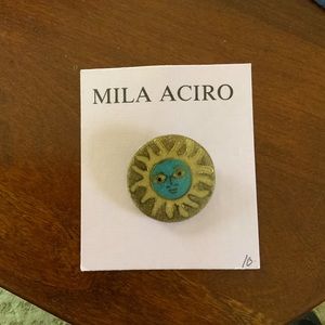 Sunshine pin, tan and turquoise, 3” rd